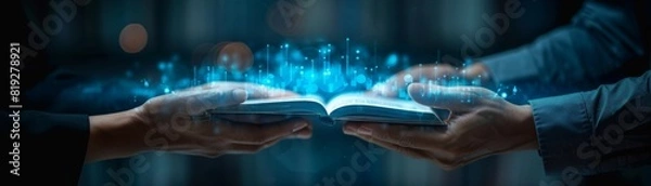 Fototapeta A holographic book floating between a mentor and mentee, symbolizing knowledge and learning, bright and minimal, with text space included.