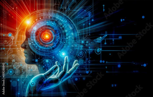 Obraz Concepto de inteligencia artificial con una mano azulada y una cabeza con un círculo alumbrado de color anaranjado. 2024