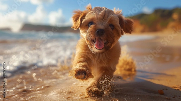 Fototapeta Dog running freely on the beach, sand