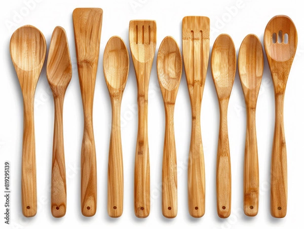 Fototapeta Neatly arranged set of ten wooden kitchen utensils on a white background. The image showcases the natural grain and smooth texture of the wood, emphasizing simplicity, functionality, and rustic charm.
