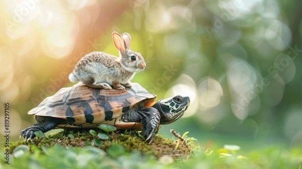 Obraz Rabbit riding turtle, better strategy concept