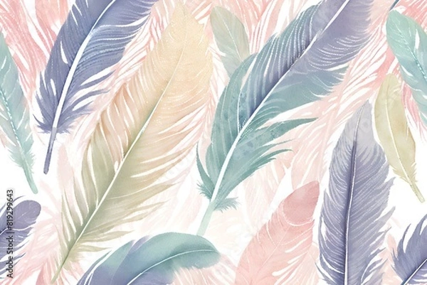 Fototapeta A close-up photo of the delicate structure of a bird feather, Watercolor feather