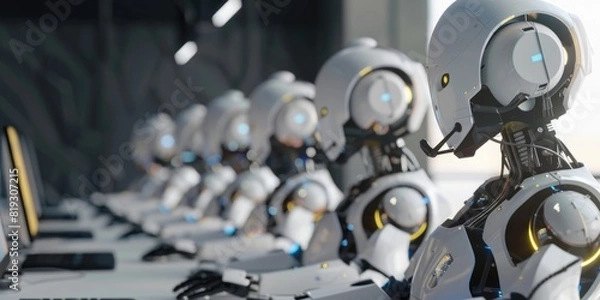 Obraz  Row of robots in call center working as operators answering customer calls
