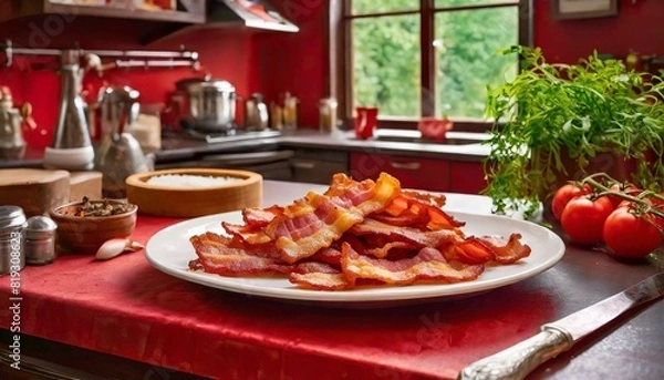 Fototapeta fried bacon on a plate in a red kitchen