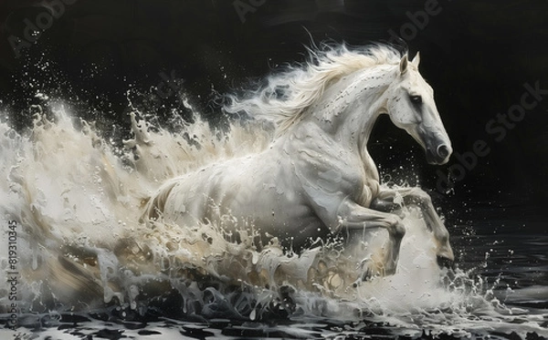 Fototapeta A painted white horse running through water
