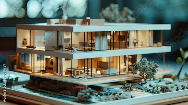 Fototapeta An architectural model showing the construction plan and all the details of a modern house. A close-up shot captures all the fine details.