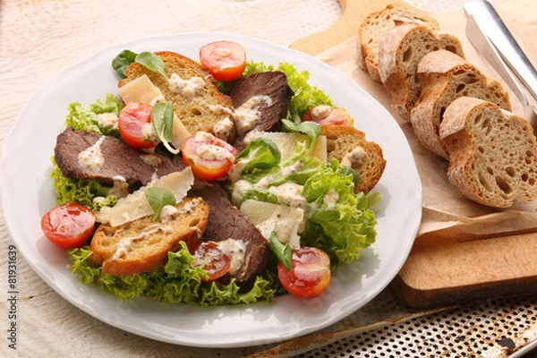 Fototapeta Toast with roast beef cheese and fresh spring vegetables