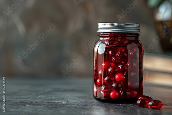 Fototapeta A jar filled with red pills sitting on top of a table