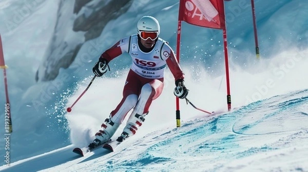 Fototapeta Skier skiing down the slope during a ski race