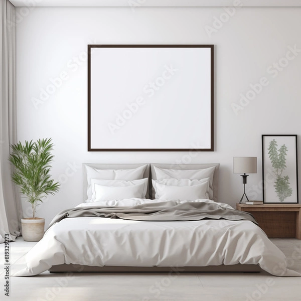 Fototapeta Modern bedroom with bed and empty painting. Great for mock up.