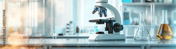 Fototapeta a modern microscope on a table in a laboratory with a blurred background. There is an empty space for text or product display.