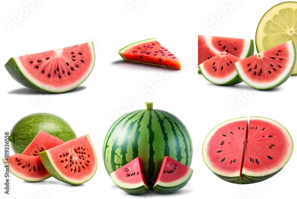 Fototapeta A series of watermelon slices in various stages, PNG with transparent background, AI