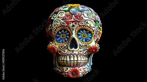 Obraz Colorful sugar skull with floral patterns isolated on black background. Vibrant calavera with flower designs. Concept of Day of the Dead, Mexican culture, traditional crafts, Halloween