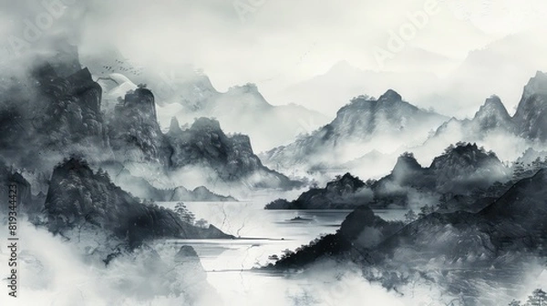 Fototapeta Ink and wash painting of misty mountains and river landscape