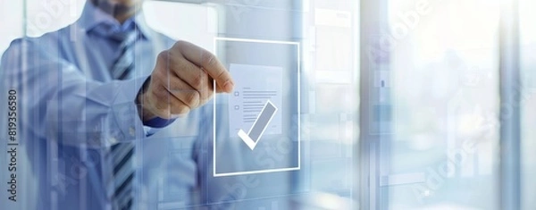 Fototapeta Checklist concept, Businessman mark checkboxes, Survey form, check marks on checklist,  filling online form and answering questions. List options business employee security procedures followed office.