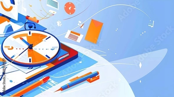 Fototapeta A clock is ticking on a desk. A pen and pencil are on the desk.