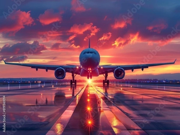 Fototapeta A commercial airplane taking off with a beautiful sunset backdrop, detailed aircraft and sky, promoting aviation and global travel