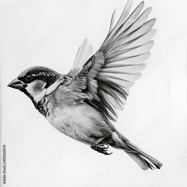 Fototapeta House Sparrow Bird Pencil Sketch Hand Drawn Black and White Depiction of Passer Domesticus on a Blank White Background