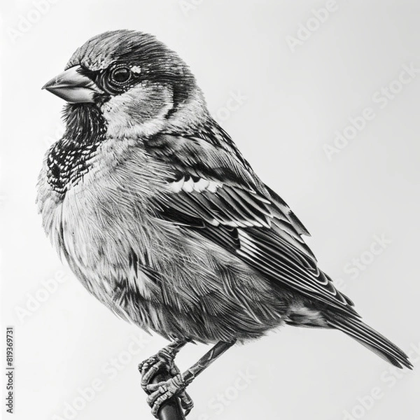 Fototapeta House Sparrow Bird Pencil Sketch Hand Drawn Black and White Depiction of Passer Domesticus on a Blank White Background