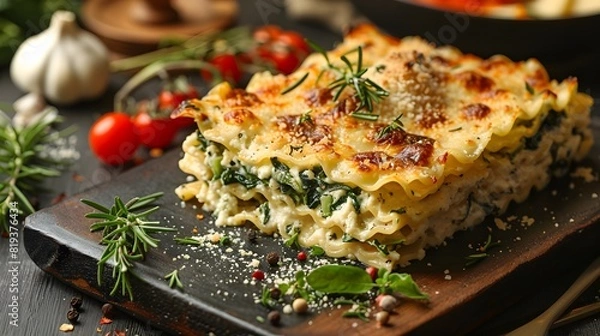 Obraz Spinach and ricotta lasagna with rosemary garnish, served on wooden cutting board