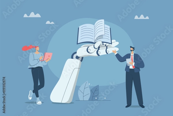 Fototapeta Artificial intelligence tools for business ideas with data analysis, AI, promoting important information and supporting business with new innovations, Business team with a robot arm holding books.