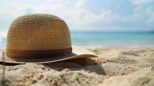 Fototapeta Close-up of a sun hat with a wide brim lying on the sand, with a glimpse of the sea and sky in the background