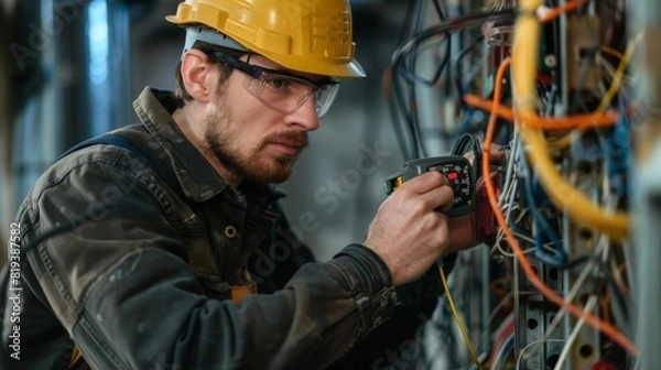Fototapeta A professional electrician testing voltage with a multimeter, ensuring accuracy and safety in electrical repairs.