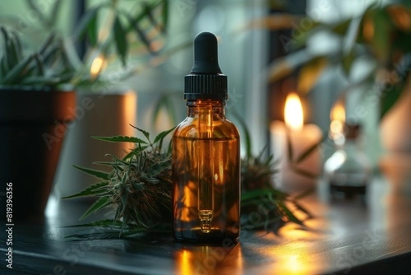 Fototapeta Dropper bottle without label of medical cannabis oil CBD in background of medical marijuana inflorescence on table next to flowers and lit candles. Mockup, template for design. CBD oil concept