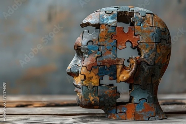 Fototapeta Man head from puzzle with missing pieces. Concept of psychological trauma that person cannot make up for and restore. Psychological concept for psychologists