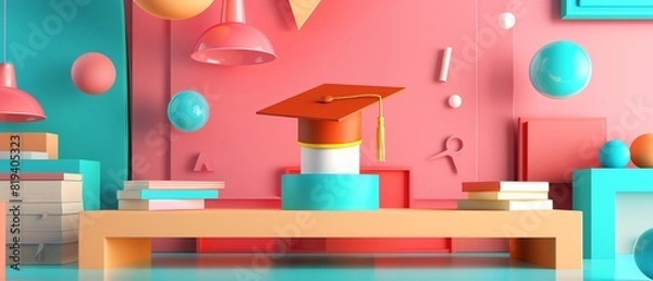 Fototapeta education flat design front view graduation theme 3D render Split-complementary color scheme
