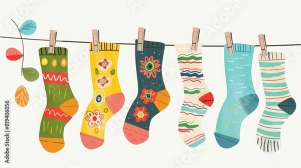 Fototapeta Colorful children's socks with textures and patterns drying on a clothesline.