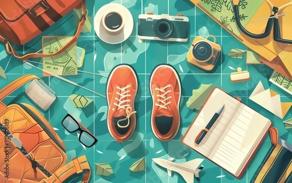 Obraz travel flat design top view exploration theme cartoon drawing Analogous Color Scheme