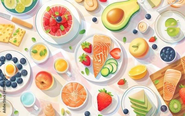 Obraz food flat design top view healthy eating theme water color Analogous Color Scheme
