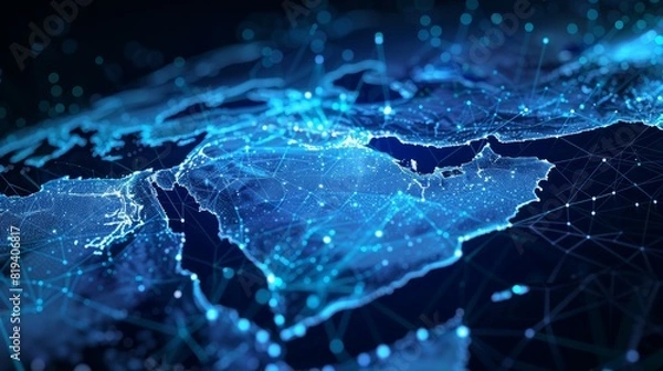 Fototapeta A blue and white image of the world with a lot of lines and dots, Middle East