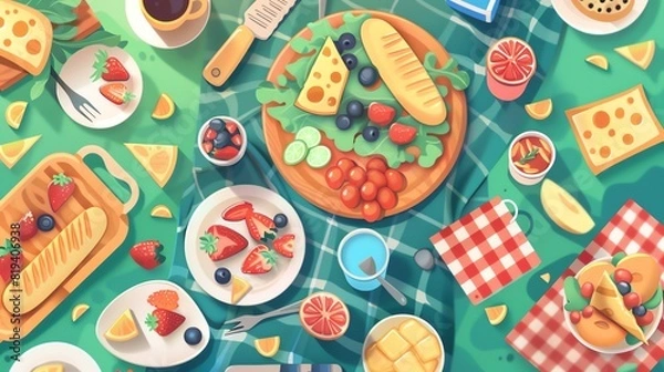 Obraz food flat design top view picnic theme cartoon drawing Analogous Color Scheme