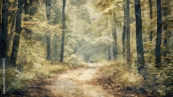 Obraz Watercolor style painting of a path in a forest landscape