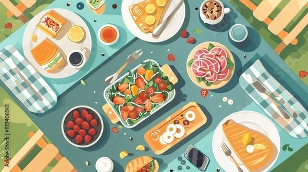 Obraz food flat design top view picnic theme cartoon drawing Analogous Color Scheme