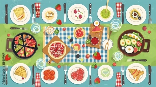 Obraz food flat design top view picnic theme cartoon drawing Analogous Color Scheme
