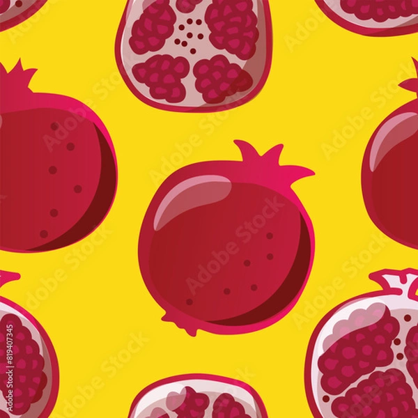 Fototapeta Vector seamless pomegranate pattern on yellow background.