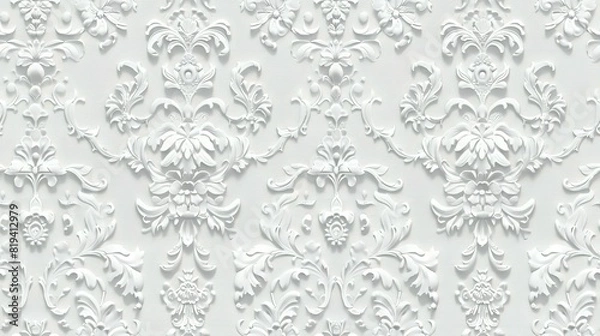 Obraz White damask wallpaper adorned with floral patterns background,