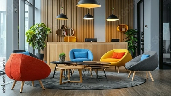 Fototapeta Wooden office corner with colorful chair, 3D rendering,