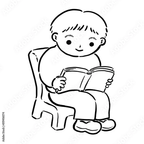 Fototapeta 椅子に座って本を読む男の子　線画