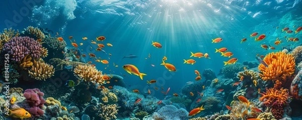 Fototapeta A vibrant coral reef teeming with colorful fish and marine life, under clear blue ocean water