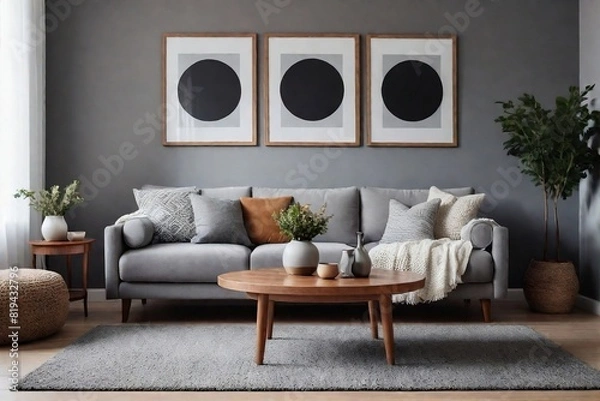 Fototapeta Cozy living room interior with a grey sofa, wooden coffee table, and mock-up frames.