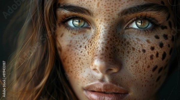 Fototapeta Creative portrait of a beautiful girl with leopard-like skin texture and features, emphasizing a unique artistic vision