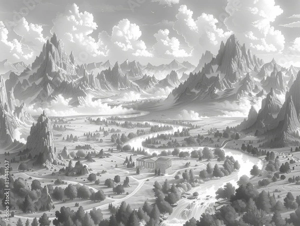 Fototapeta Majestic Mountain Landscape: Serene River Flowing Through Lush Green Valley with Snow-Capped Peaks Under a Cloud-Filled Sky in Black and White
