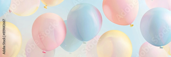 Fototapeta a pastel colored background with soft pink, blue and yellow balloons floating gently in the air, generative AI