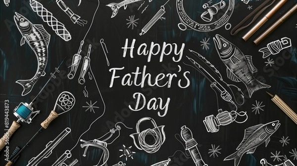 Fototapeta A black chalkboard with "Happy Father's Day" text in the center, bordered by chalk sketches of fishing gear.