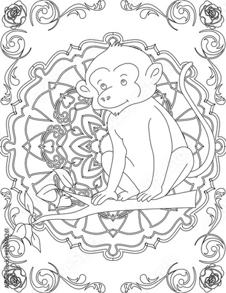 Fototapeta Monkey on Mandala Coloring Page. Printable Coloring Worksheet for Adults and Kids. Educational Resources for School and Preschool. Mandala Coloring for Adults