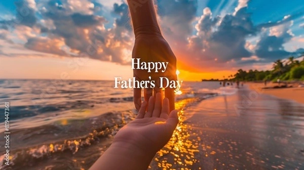 Fototapeta A serene beach setting at sunset, featuring a hand of a human and child holding, "Happy Father's Day" text in the center.